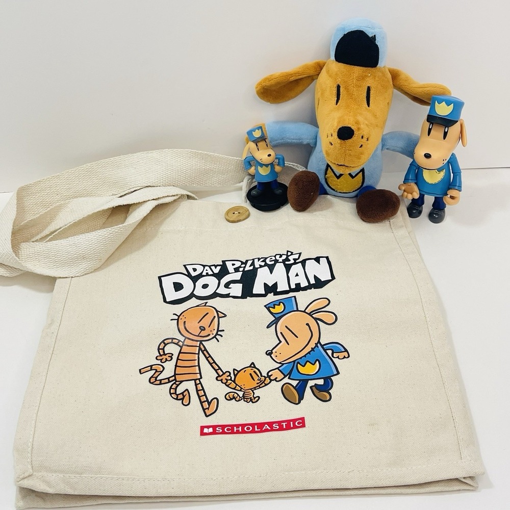 Dog Man Dav Pilkey Canvas Tote Bag Stuffed Plush Figures Toys Lot of 4